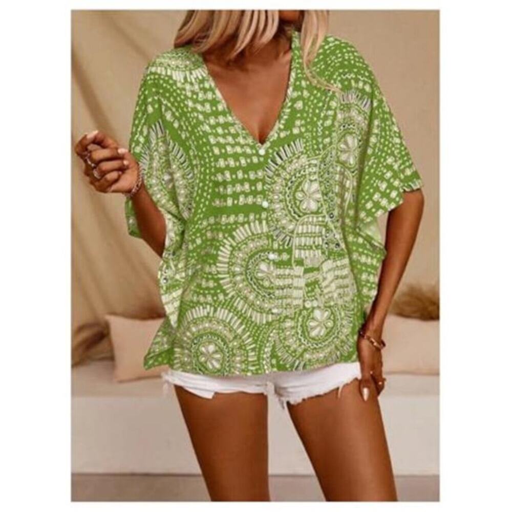 Women’s Green Boho V-Neck 3/4 Sleeve Blouse Vintage 70s Summer Top - Picture 10 of 12